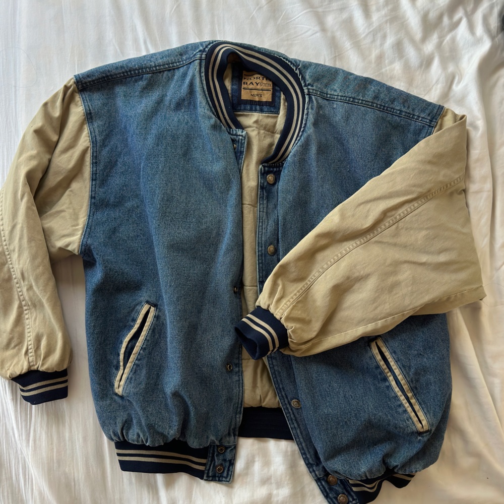 SOLD ‼️ north bay men’s varsity denim and tan oversized jacket